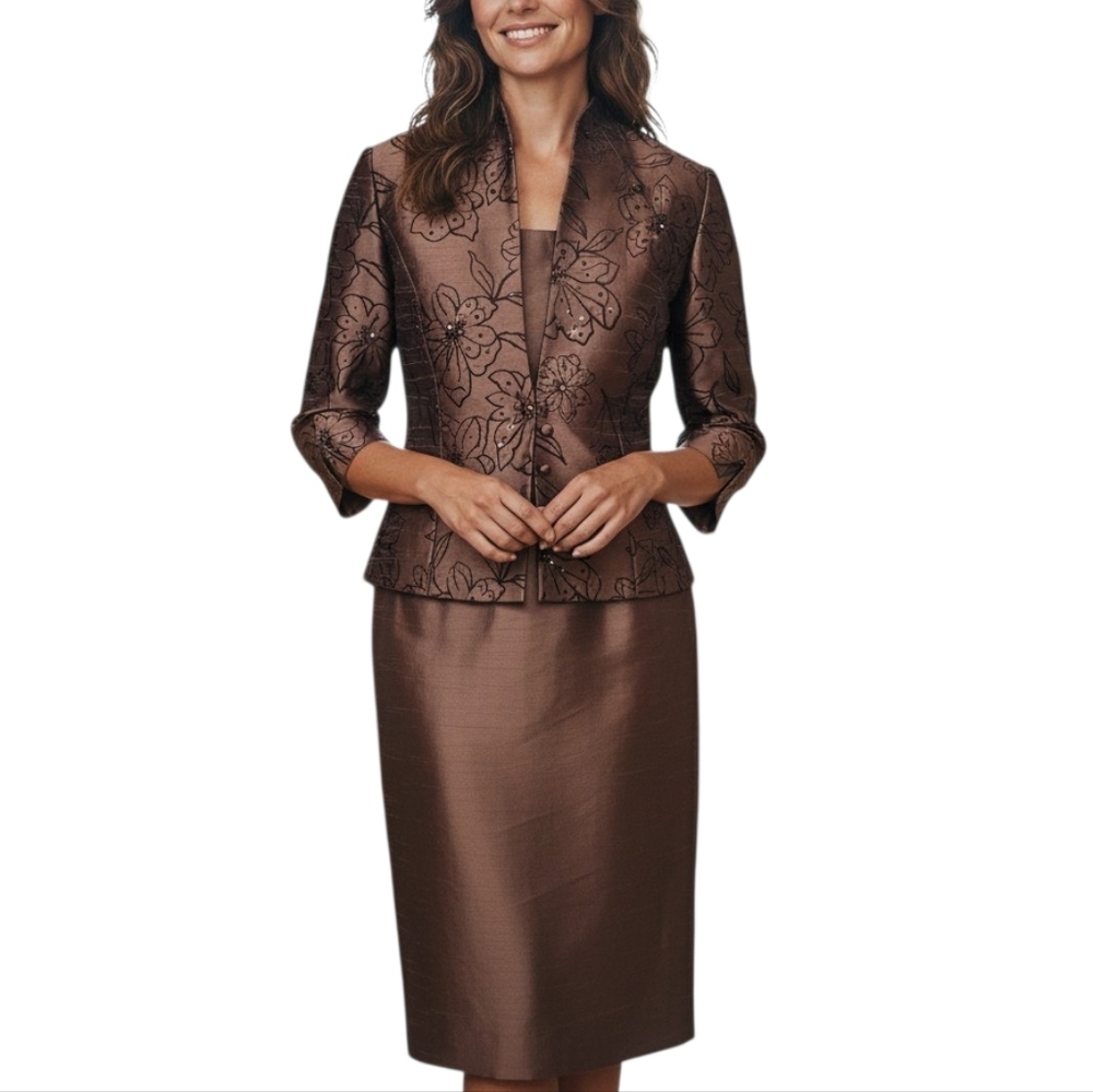 Coldwater Creek 2-Piece Floral Jacket and Pencil Dress Copper Brown Set Size 6P